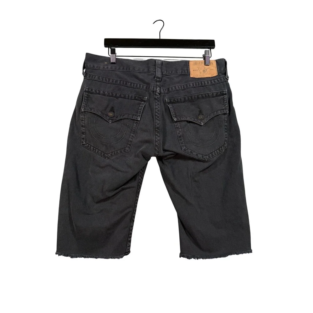 True Religion Straight Flap Black Denim Shorts Raw Hem 36 Faded Grunge Y2K Skate